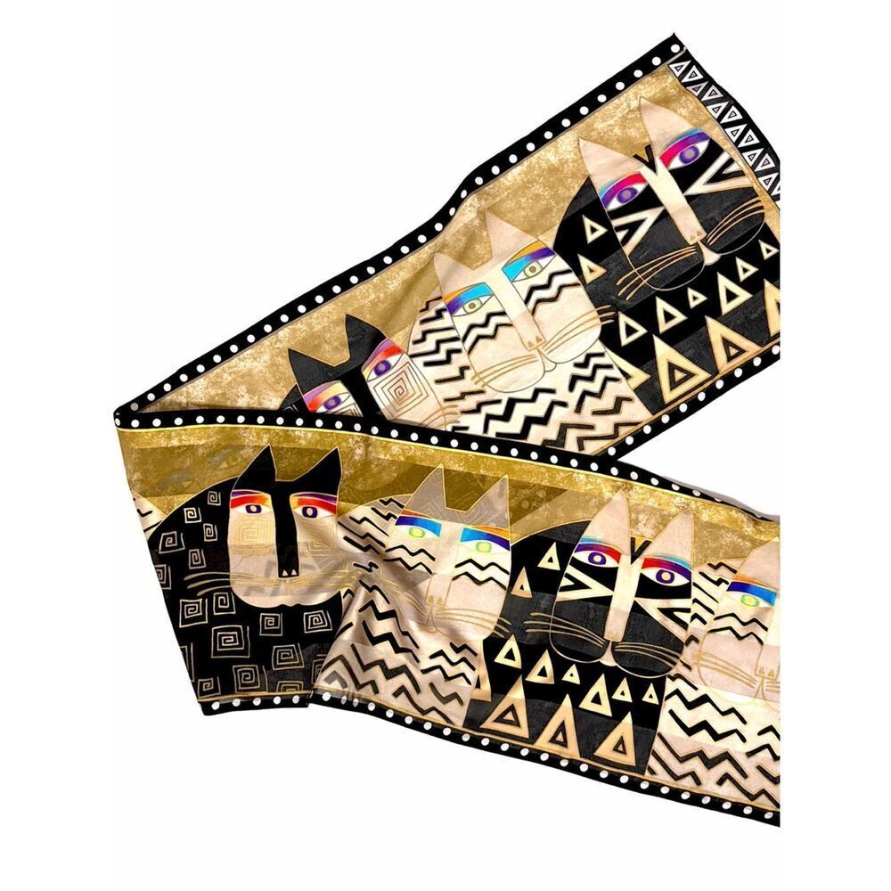 Laurel Burch Silk Scarf Cats Art Print Gold Black Geometric Tribal Oblong 53х11"